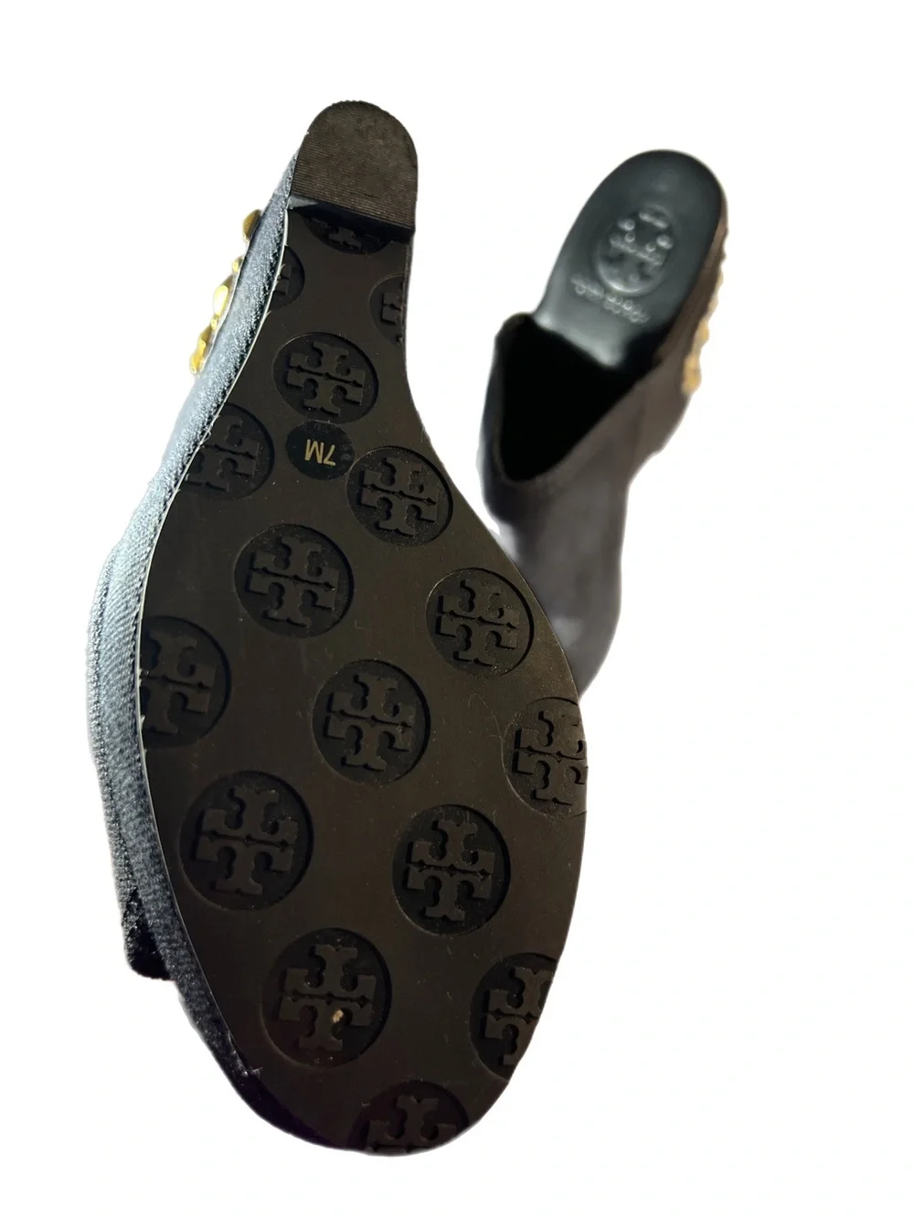 EUC Tory Burch Canvas Meredith Studded Peep-Toe Wedges  Black gold size 7